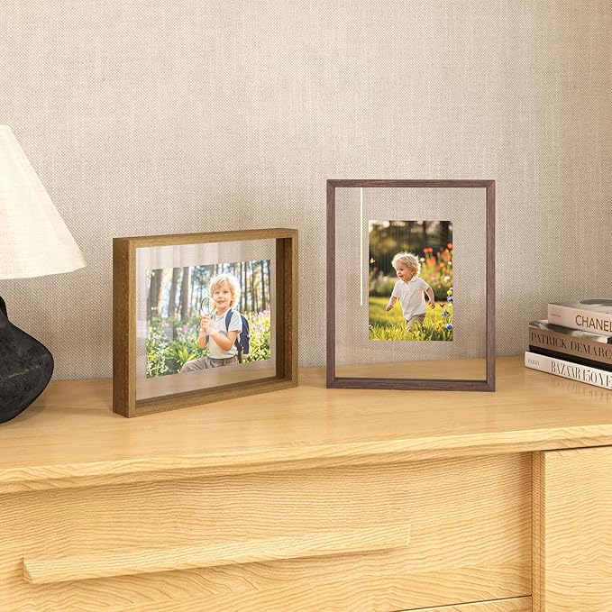 Egofine 8x10 Floating Frames Set of 2, Double Plexiglass Picture Frame, Made of Solid Wood Display Any Size Photo up to 8x10, Wall Mount or Tabletop Standing, Carbonized