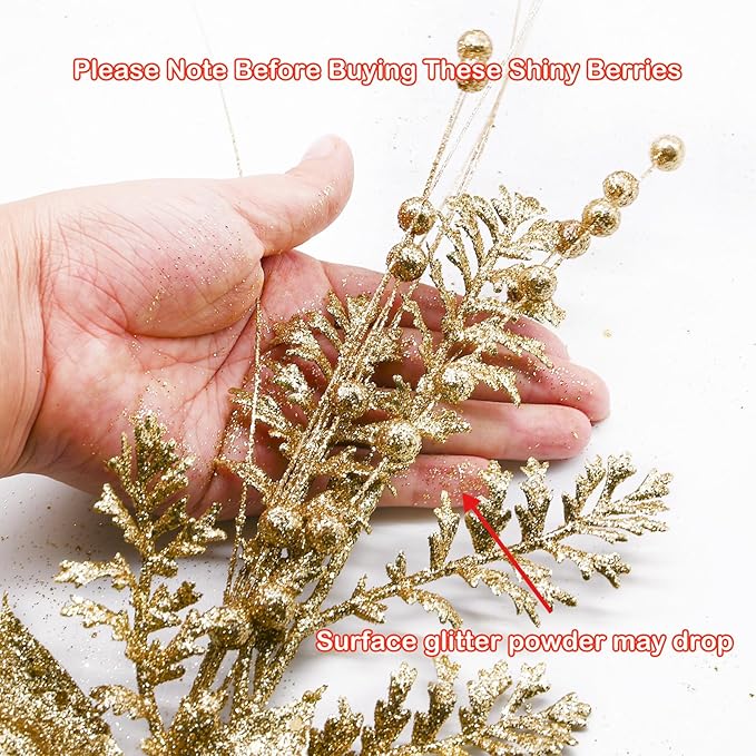 Artificial Glitter Berry Stem Ornaments, 18 Pack 17.5 Inch Gold Fake Christmas Picks Decorations with Poinsettia Christmas Flowers, Bead Sticks for Christmas Tree Wedding Small Vase Wreath Decor