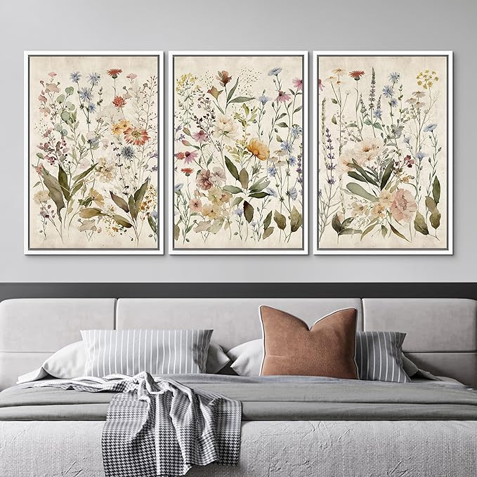 MUDECOR Framed Wall Art Print Set Blooming Wildflowers Illustrations Modern Art Decorative Colorful Chic for Living Room, Bedroom, Office - 24"x36"x3 White