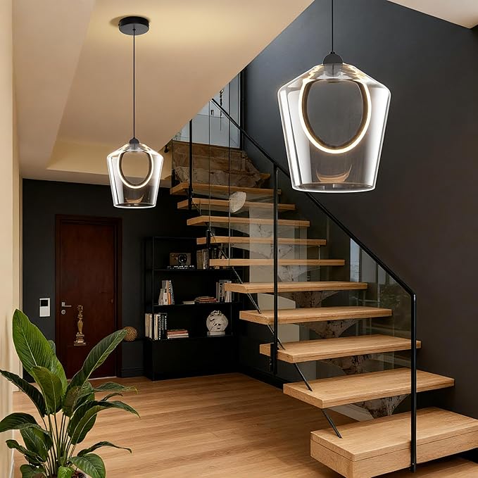 Modern Glass Pendant Lighting for Kitchen Island 1 Pack, Black LED Pendant Light Fixtures 3000K, Adjustable Hanging Ceiling Light, Angled Clear Glass Shades 8 Inch