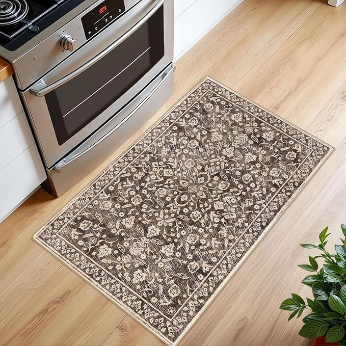 Vintage Entryway Rug Indoor, Rust Brown Red Washable Rug 2x3, Small Area Rug with Non-Slip Backing, Floral Print, Thin Faux Wool Super Soft Door Mat for Kitchen, Entrance, Bedroom, Office
