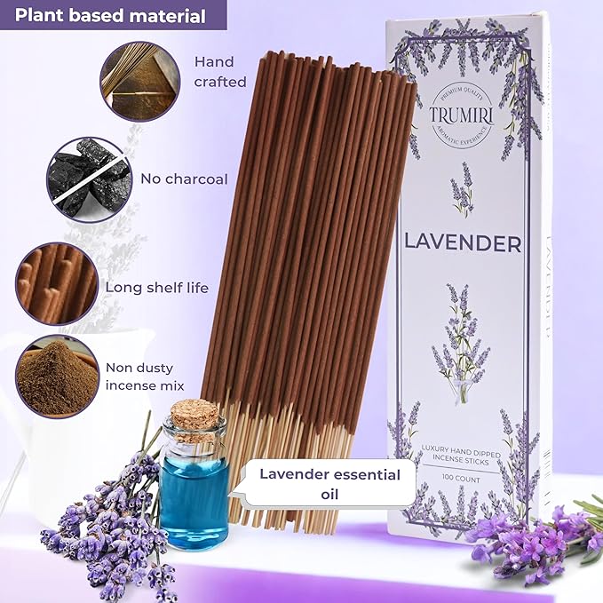 Lavender Incense Sticks - Pack of 100 Insence-Sticks - Inciensos Aromaticos Made with Natural Lavender Essential Oil - Scented Inscents Non Toxic Insense