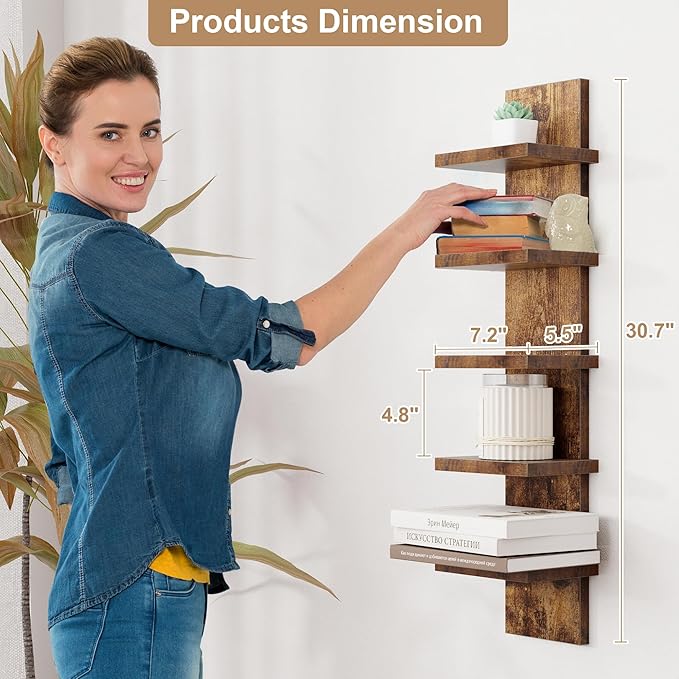 Fun Memories 5 Tier Wall Shelf Unit, Decorative Wall Mount Vertical Shelving, Floating Storage Home Decor Organizer Tall Tower Design Utility Shelving Bedroom Living Room, Brown 2Pack