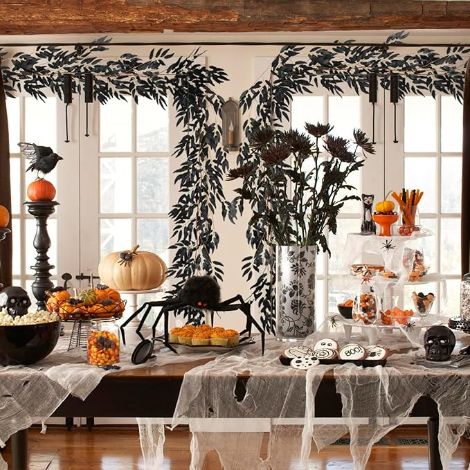 RECUTMS Artificial Hanging Willow Leaves Vine Twigs 2Pcs 5.7Ft Halloween Black Leave Garland Fake Silk Willow leaf Ivy Faux Greenery Plant for Indoor Outdoor Jungle Birthday Fall Christmas Party Decor