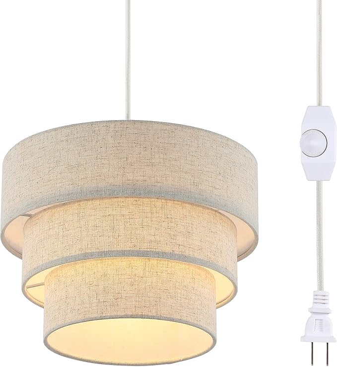 Plug in Pendant Light, Hanging Lamp with Dimmable Switch, Pendant Light Fixtures with 15 Ft Cord, Swag Light with Linen Fabric Shade for Bedroom, Kitchen, Living Room, Dining Table