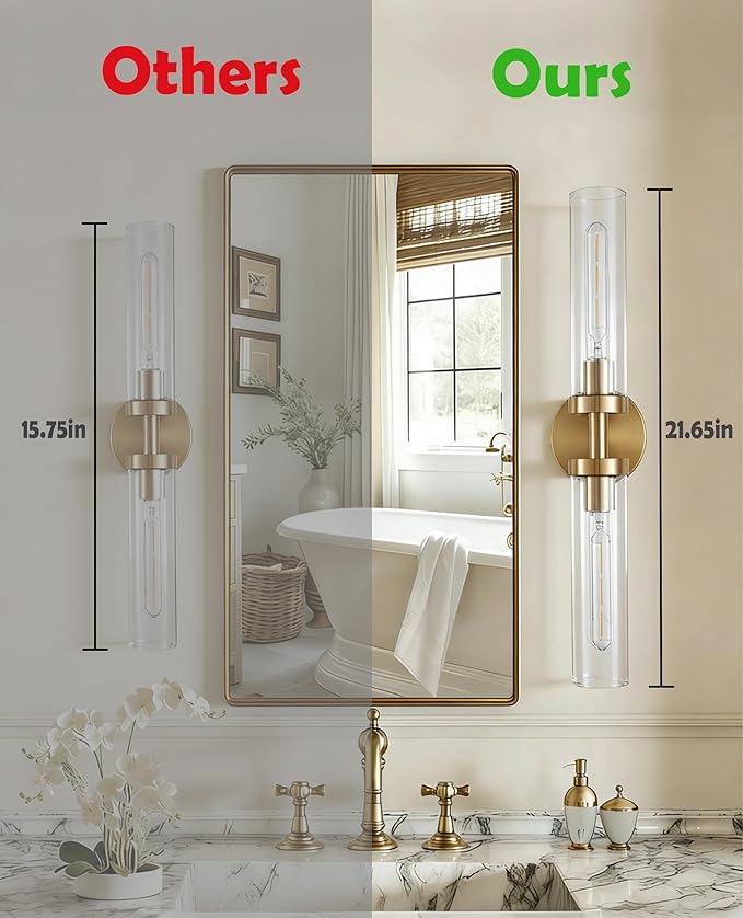 AT-VALY Wall Sconces Set of Two,Vanity Light Fixtures with Clear Glass,Modern Sconces Wall Decor for Bathroom, Living Room Mirror (Brushed Brass)