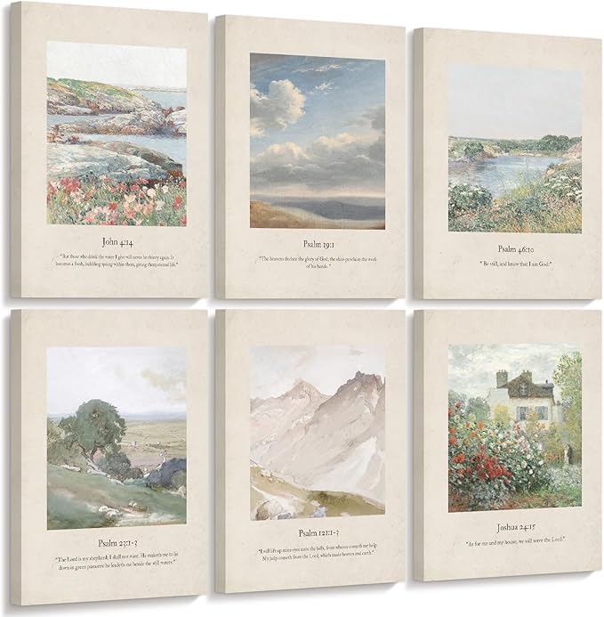 Christian Scripture Wall Art Set of 6 Bible Verse Canvas Wall Decor Psalm 23 Wall Art Religious Pictures Vintage Prints Christian Artwork Bible Verse Poster for Living Room 12x16 Inch Ready to Hang