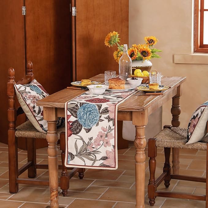 Linen Fall Table Runner 71 Inches Long,Vintage Rustic Farmhouse Blue and Red Flower Table Runners,Table Decoration for Christmas Thanksgiving Home Party Kitchen.12*71"-Burgundyred