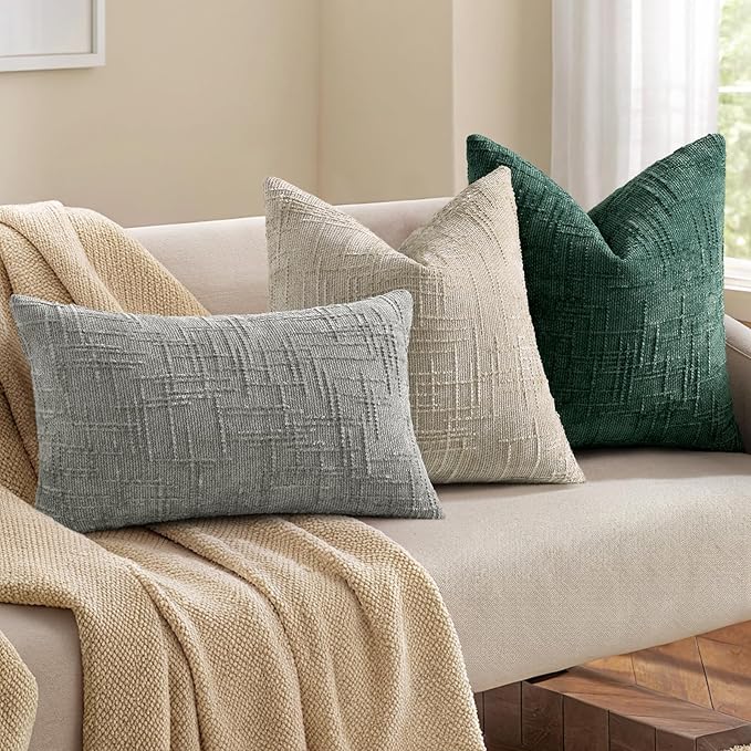 decorUhome Christmas Green Chenille Throw Pillow Covers 22x22 Set of 2 Thick Textured Slubby Couch Pillow Covers Farmhouse Accent Modern Neutral Decorative Pillow Cases for Bed Sofa Living Room