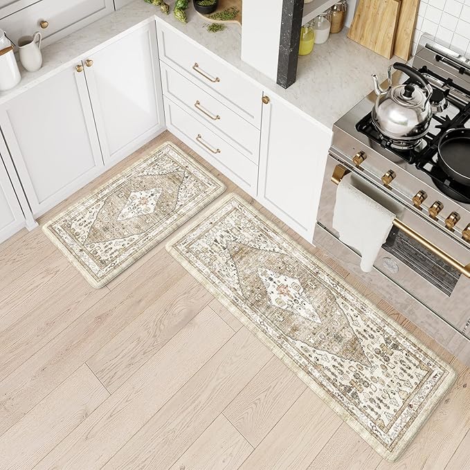 Collive Boho Kitchen Mats for Floor 2 Piece, Cushioned Anti Fatigue Kitchen Floor Mat Non-Skid Waterproof Under Sink Mat, Taupe Comfort Standing Desk Mat for Office, Home & Kitchen, 17"x30"+17"x47"