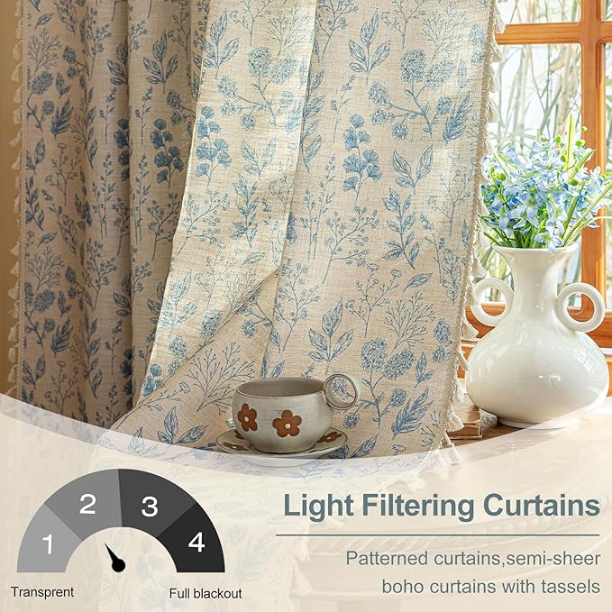 OYX French Beige and Blue Floral Curtains 96 Inch Long 2 Panels for Living Room, Navy Flower Patterned Light Filtering Farmhouse Drapes for Bedroom, Vintage Rustic Country Rod Pocket WindowTreatments
