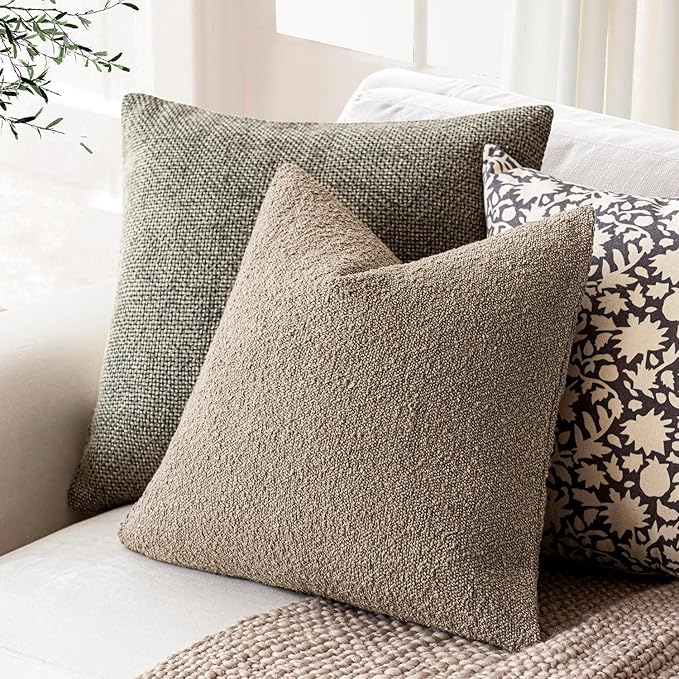 Foindtower Set of 2, Decorative Textured Boucle Throw Pillow Covers Accent Solid Pillow Cases Neutral Cozy Couch Cushion Case for Chair Sofa Bedroom Living Room Home Decor 26x26 Inch Light Khaki Tan