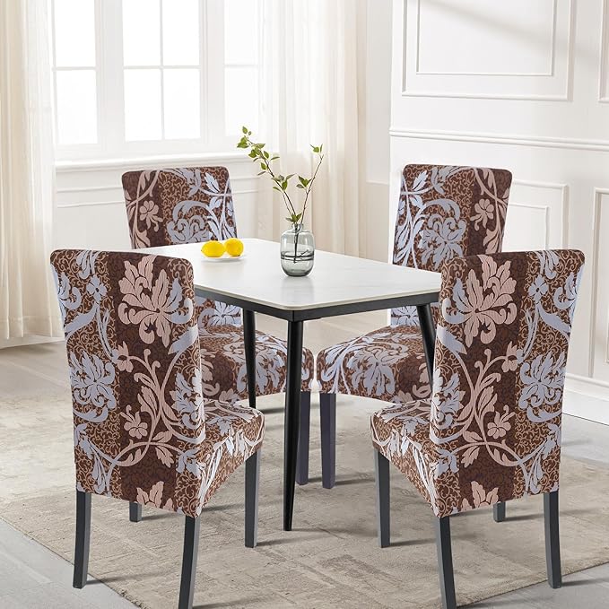 SearchI Dining Room Chair Covers Set of 4, Stretch Printed Parsons Chair Slipcovers Removable Washable Kitchen Chair Protector Cover for Dining Room, Hotel, Ceremony (Brown+Flower)