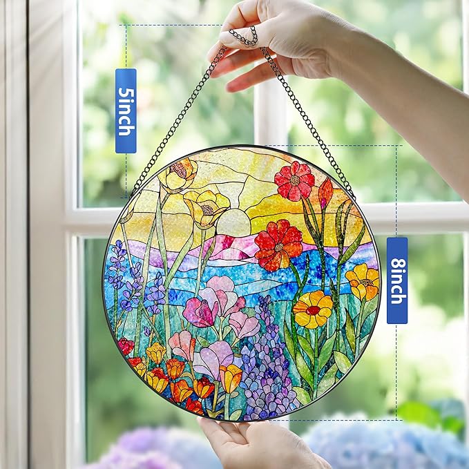 8-Inch Stained Glass Ornament, Stained Glass Window Hanging, Window Hanging Decor, Suncatcher Home Decor, Wildflowers Ornament | Mother's Day, Birthday, Christmas, Housewarming Gifts