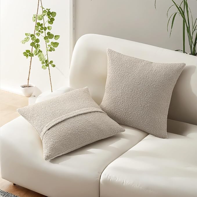 HAUSSY Set of 2 20x20 Decorative Throw Pillow Covers, Soft Cozy Textured Boucle Couch Cases, Home Decor for Couch Bed Living Room, Beige