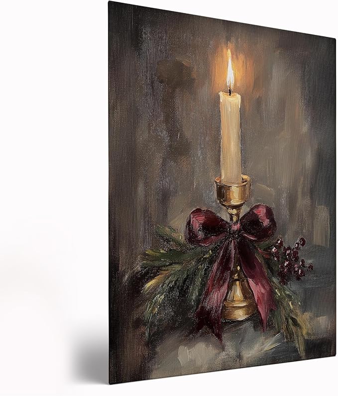 Vintage Christmas Candle Art,Christmas Vertical Candle Print,Rustic Holiday Wall Art,Burgundy Holiday Decor,Festive Victorian Stocking Art,Christmas Home Fireplace Decor12x16inch Framed Art