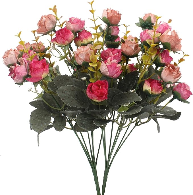 Duovlo 7 Branch 21 Mini Rose Heads Artificial Flowers Bouquet Wedding Home Office Decor,Pack of 2 (2 PCS Rose Red)