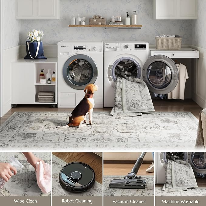 jinchan Runner Rug 2x6 Machine Washable Hallway - Vintage Floral Non-Slip Low-Pile Soft Ultra-Thin Kitchen Rug Distressed Carpet Runner for Farmhouse Bedroom Entryway Laundry Room(2x6ft, Taupe)