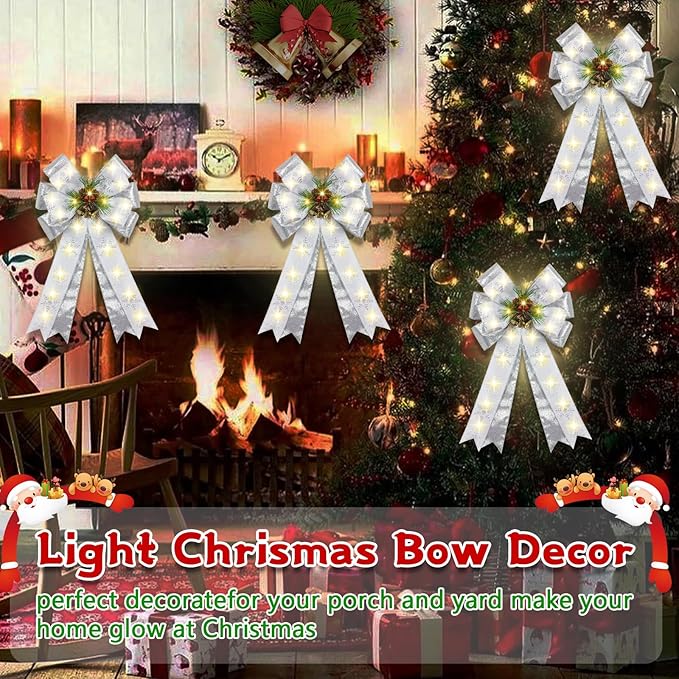 2 Pcs Pre-Light Christmas Decorative Bows for Wreath, 20 X 12” Large Christmas Tree Topper Bow with Bells, Berry, Pine Cones, 40 LED Silver Snowflake Ornament Bow for Indoor/Outdoor- White