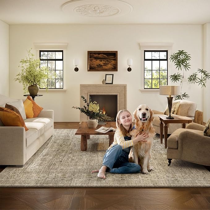 Machine Washable Rugs for Living Room: 8x10 Area Rugs for Bedroom Vintage Stain Resistant Non Slip Low Pile Lightweight Boho Carpet for Kitchen Dining Room Farmhouse Kids Room Nursery