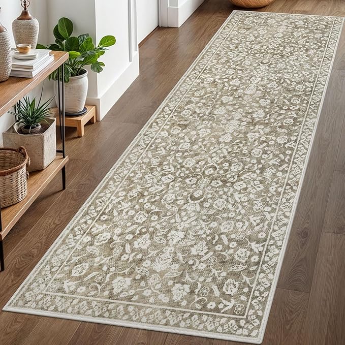Vintage 3x8 Hallway Rug, Beige Taupe Washable Hallway Runner Rug Non Slip, Super Soft Kitchen Runner Rug, Print Faux Wool Floral Thin Carpet Runner for Entryway Indoor Laundry Room Bedroom