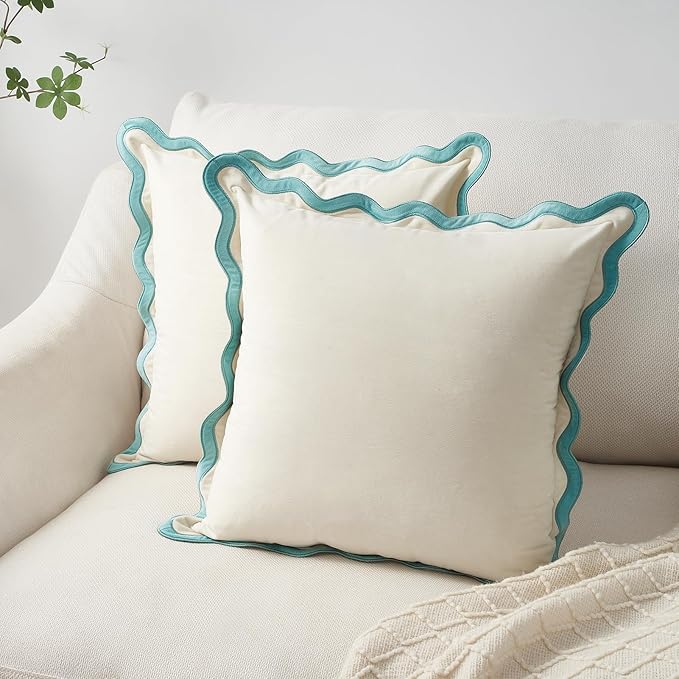 MONDAY MOOSE Decorative Throw Pillow Covers Cushion Cases, Set of 2 Soft Velvet Scalloped Wavy Edge Designs, Mix and Match for Home Decor, Pillow Inserts Not Included (18x18 inch, White/Light Blue)