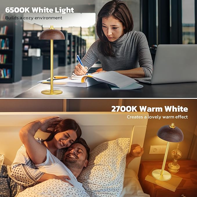 Rechargeable Cordless Table Lamp - 5000mAh Battery Powered Lamp, 3 Color Modes Stepless Dimming LED Table Light with Memory Function for Indoor, Outdoor, Dinner, Patio, Cafe.(Wood Grain)
