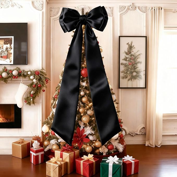 Giant Black Bow Decor 75x19 Inch Christmas Tree Topper Decoration Big Bows for Room Home Coquette Room Decorations Wall Backdrop Ribbon Tie for Wedding Christmas Birthday Party Baby Shower