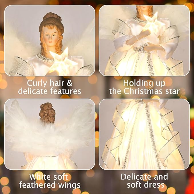 HMASYO Christmas Tree Topper Angel with Timer Lights, 12" Angel Tree Toppers with White Feather Wings, Star Light, Remote Control and USB Power Xmas Treetop Decor for Indoor Office Holiday Party