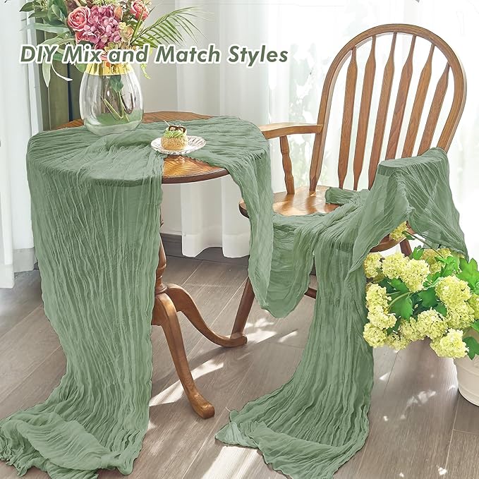 IVAPUPU 6 Pcs Cheesecloth Table Runner - 10ft Sage Green Boho Gauze Cheese Cloth Table Runners for Baby Shower Decoration Wedding Party Summer Garden Farmhouse