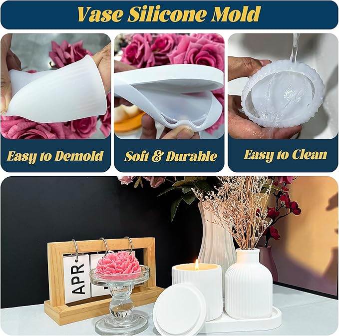 Silicone Resin Mold 3 Pces, Silicone Vase Molds, Resin Tray Mold with Jar Molds, Epoxy Resin Mold for DIY Vase Making, Concrete, Home Decoration, Handmade Gifts, Jewelry Storage