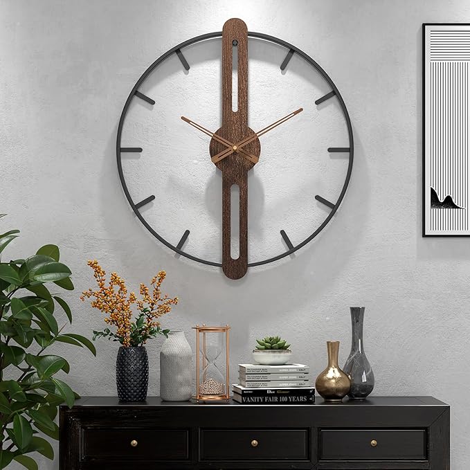 Modern Walnut Dial Wall Clock, Wood Large Wall Clock Decor Metal Frame Silent Non Ticking for Living Room, Bedroom, Kitchen, Study Decoration, Handmade Home Present Idea, 20 in （50 cm）