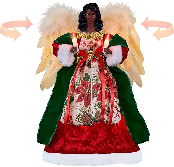 Moving Black Angel Tree Topper with Lights, 12-Inch Red Cloth Lighted African American Decoration Holding Candles, Plug in and Battery Operated, Long Power Cord