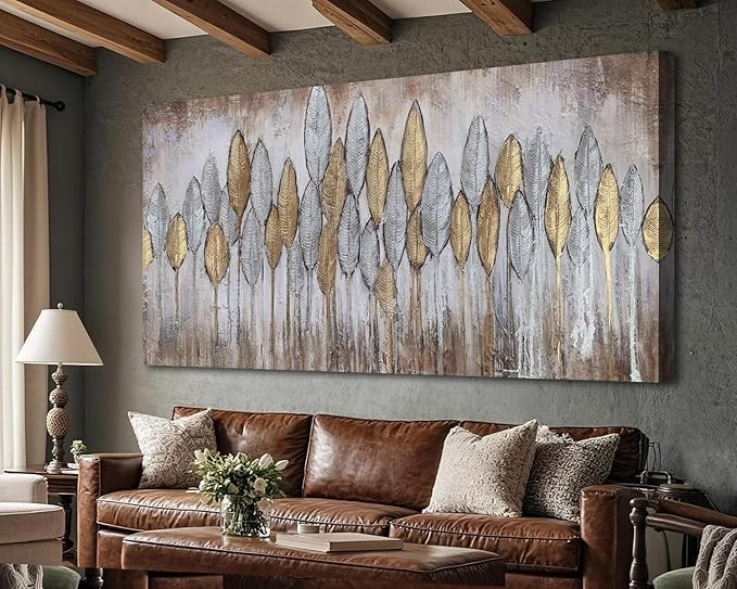 Acocifi Beige Neutral Wall Art Living Room, Large Abstract Gold Leaf Textured Painting, Modern Minimalist Picture Artwork Framed for Bedroom Dining Room Office Home Decor 48"x24"