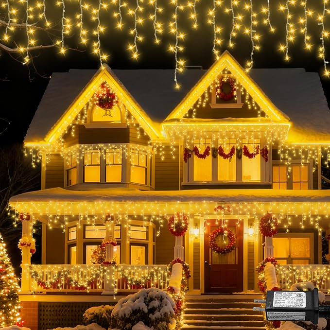 YEGUO 66ft 800 LED Icicle Lights Outdoor, 160 Drops Icicle Christmas Light Connectable, 8 Modes Warm White Xmas Icicle Lights with Memory Timer