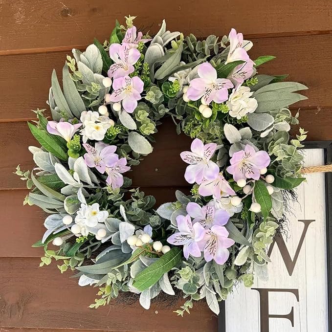 24 Inch Spring Wreaths for Front Door – Artificial Lamb Ear Leaf Wreath with White & Purple Flowers, Farmhouse Greenery Elegant Floral Wreath for Home Wall Decor, Durable Indoor Outdoor Use
