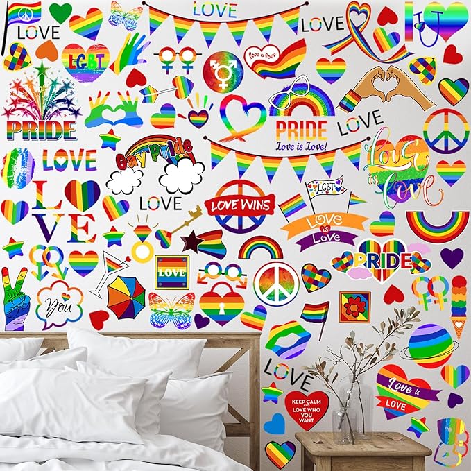 Eersida 6 Sheets Gay Pride Wall Stickers LGBTQ Rainbow Wall Decals Removable Vinyl Love Hearts Lesbian Gay Pride Sticker for Living Room Bedroom Home Month Decor Support