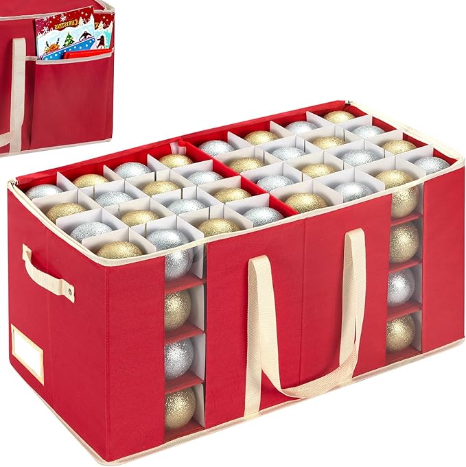 JY COOKMENT Christmas Ornament Storage Box with Adjustable Dividers, Large Holiday Ornaments Storage Container Bin with Zippered Top for Xmas Decorations (128-3" Balls, Red, Without Tray)