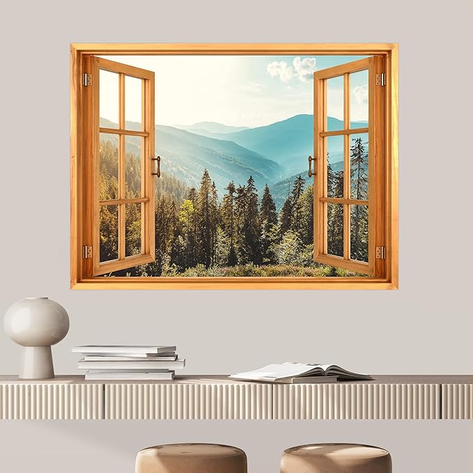 SIGNWIN Removable Wall Sticker/Wall Mural Window View Mountain Range Forest Clouds Nature Wilderness Photography Realism Decorative Landscape Digital Art for Living Room, Bedroom, Office - 36"x48"
