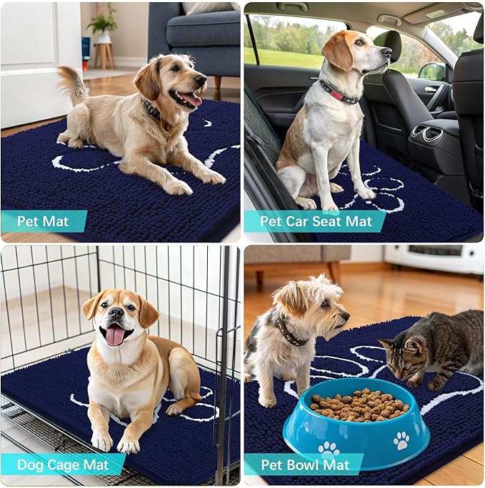 OLANLY Dog Door Mat for Muddy Paws 47x24, Paw Print Design, Absorbs Moisture and Dirt, Absorbent Non-Slip Washable Doormat, Quick Dry Chenille Mud Mat for Dogs, Entry Indoor Entryway Carpet, Navy Blue