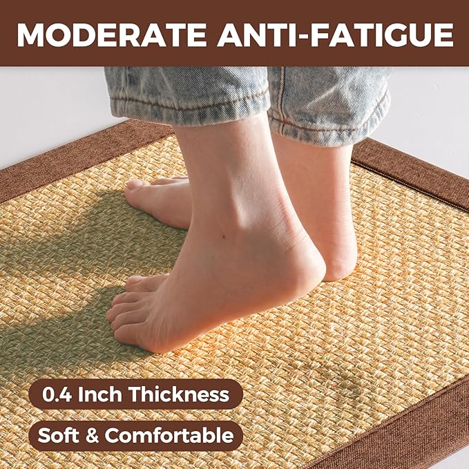 Anti Fatigue Kitchen Rugs Mat Non Slip Washable, 0.4" Thick Soft Cushioned Absorbent Kitchen Mats for Floor, Jute-Like Woven Laundry Standing Mats Sink Mat, Easy Clean Care, Brown 17"x30"