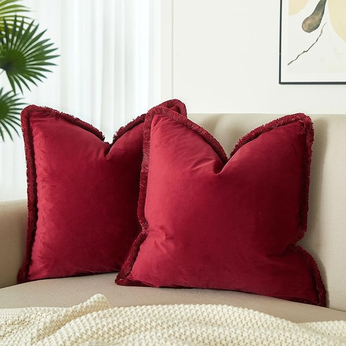 JUSPURBET Red Decorative Velvet Fringe Throw Pillow Covers 22x22 Set of 2 Boho Soft Cushion Case for Home Decor Living Room Couch Sofa Bed
