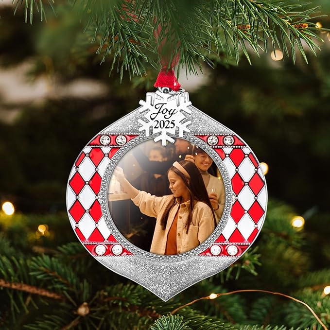 2025 Christmas Tree Ornaments 3 Piece Picture Frame Hanging Ornament Decorative Holiday Keepsake Gift Snowflake Pendant with 2” Photo Frame Insert for Picture of Pet (Red Green Gift Set)
