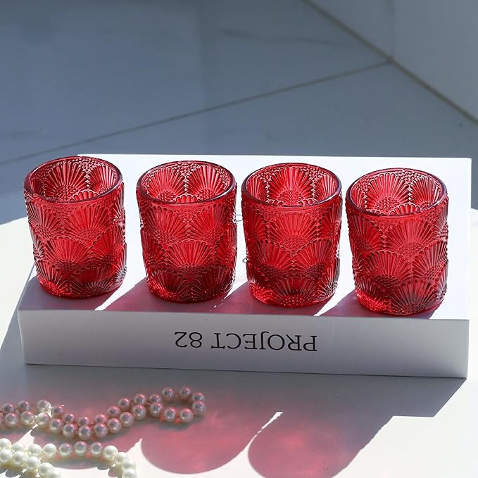 Woho Red Votive Candle Holders Set of 12 for Boho Wedding Table, Ginkgo Leaves Design Tealight Candle Holder Vintage for Christmas Decorations, Glass Tea Lights Candle Holder for Valentines Day Decor