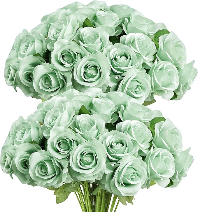 Artificial Rose Flower Artificial Flowers Flower with Long Stem Silk Roses Bouquet for Wedding Bridal Shower Party Home Decoration (Sage Green, 50 Pcs)