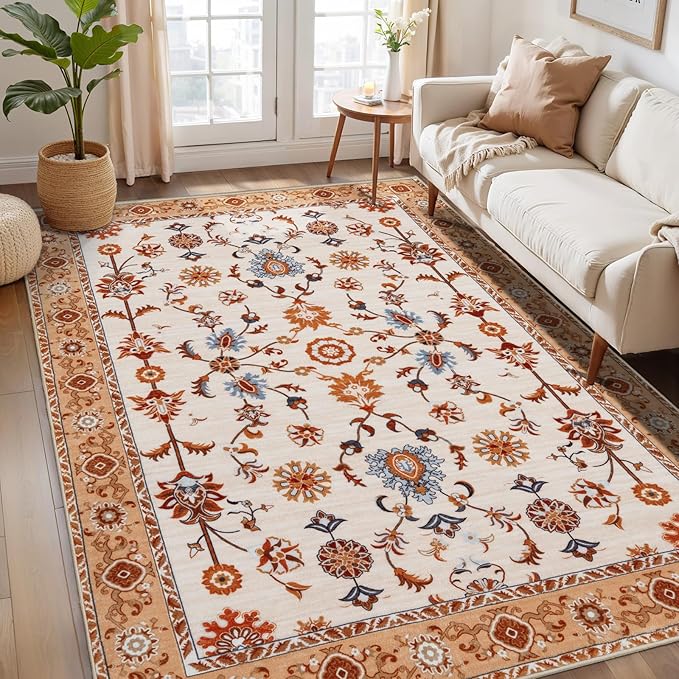 Tangsoo Floral Area Rug 3x5 Machine Washable Orange Rug Non-Slip Vintage Distressed Boho Print, Soft Low Pile Carpet for Living Room, Bedroom, Dining Room, Pet & Child Friendly (Orange Home Decor)