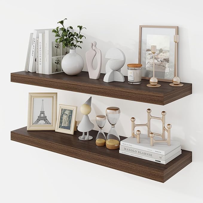 30 Inch Floating Shelves, 9.3" Deep Floating Shelf Wall Mounted, 30" Wall Shelves, Rustic Deep Bookshelf, Large Display Shelves & Storage Shelves for Bedroom, Living Room, Walnut, Set of 2