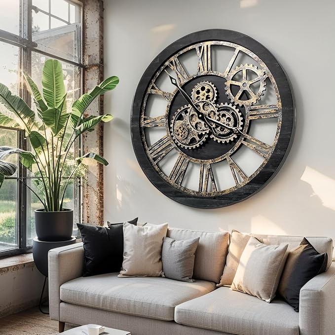 ImprovingLife The Gears Clock The Original Real Moving Gear Wall Clock Vintage Industrial Oversized Rustic Farmhouse (24 inch (60cm), Vintage Black Wood and Bronze)