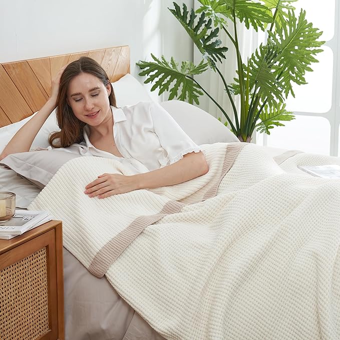 Amélie Home Waffle Blanket Queen Size for Bed, Soft Cozy Chenille Knit Blanket Warm Decorative for Bedroom, 90"x90", Ivory