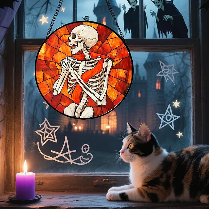Stained Glass Window Hanging - Halloween Decorations Fear Skeleton Suncatcher for Doors Garden Indoor Spooky Funny Sun Catchers Gothic Decor Horror Gifts for Women Men Friend 15 in